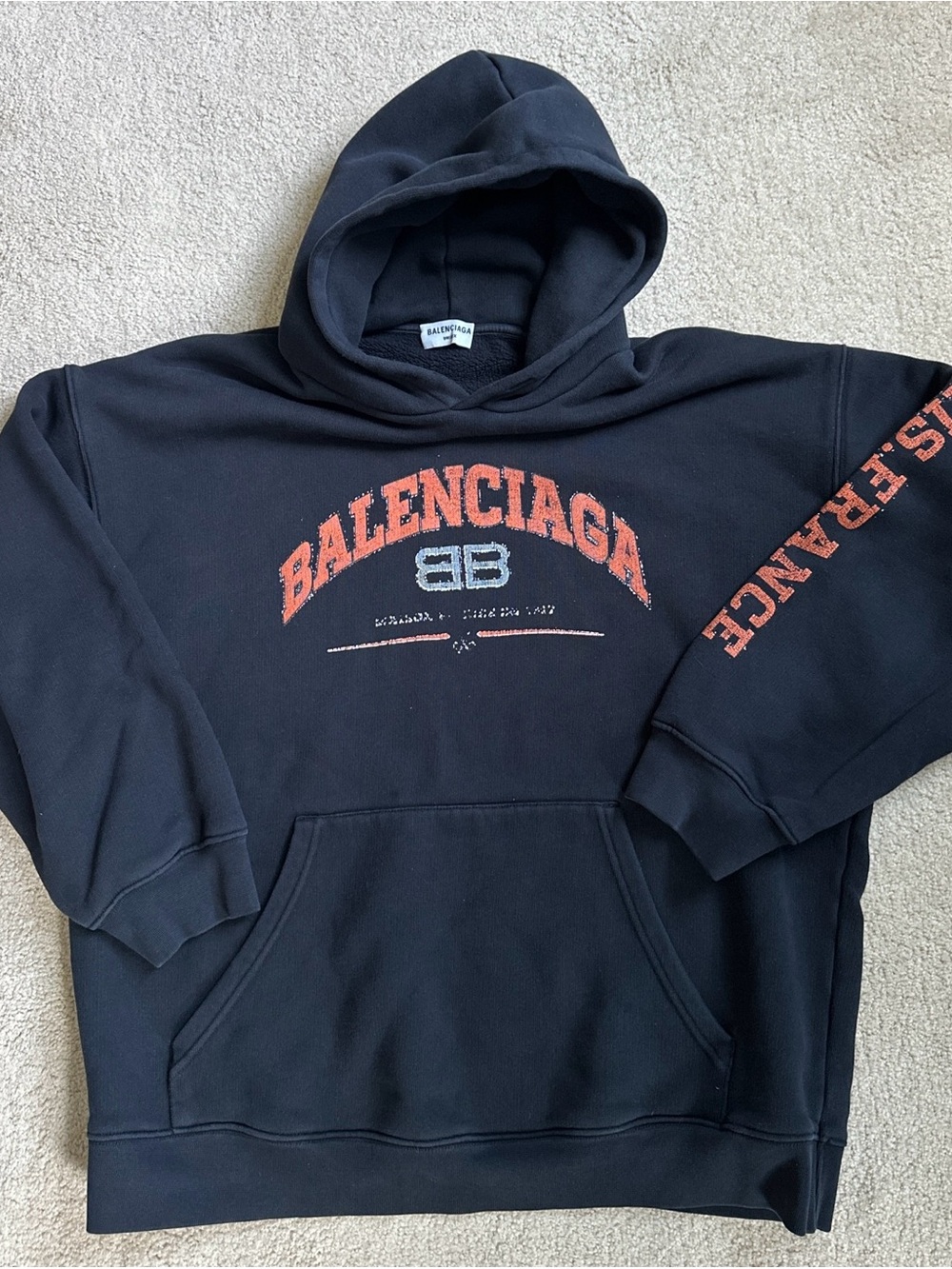 Balenciaga Unisex Black Sweatshirt Hoodie with Distressed Orange Logo